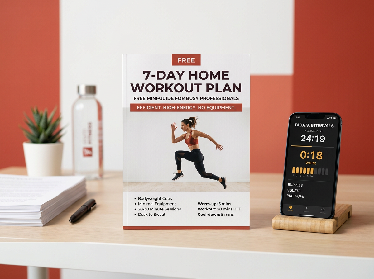 Free 7-day home workout plan mockup with workout timer
